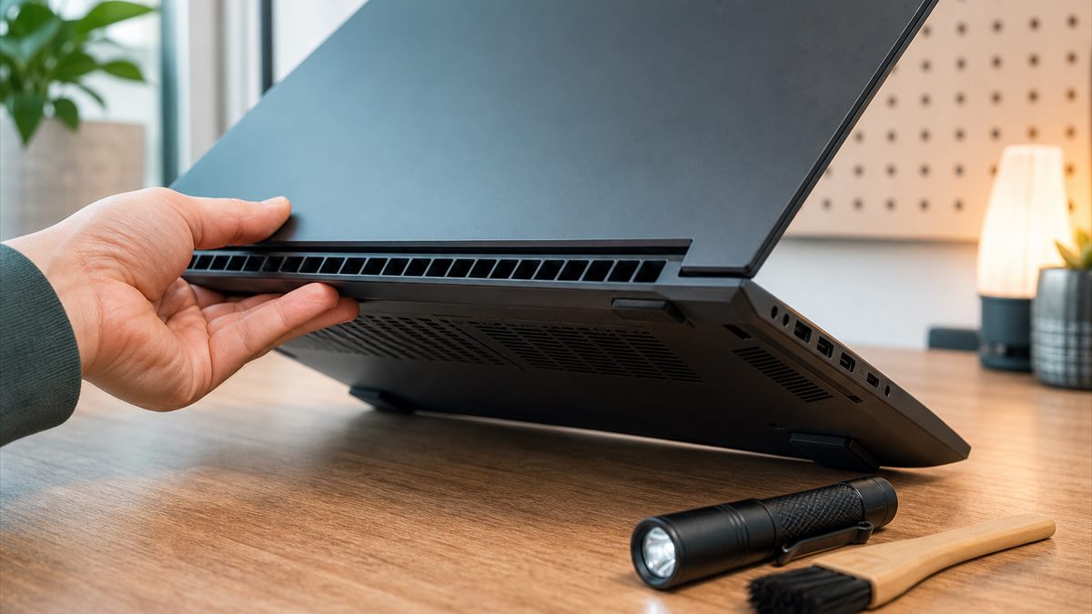 Laptop on a desk with a real airflow and clearance check in progress