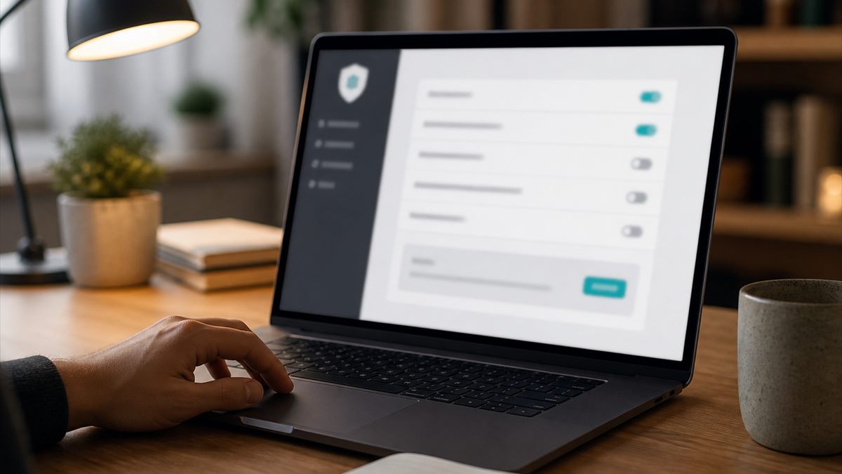 Person reviewing blurred browser settings on a laptop